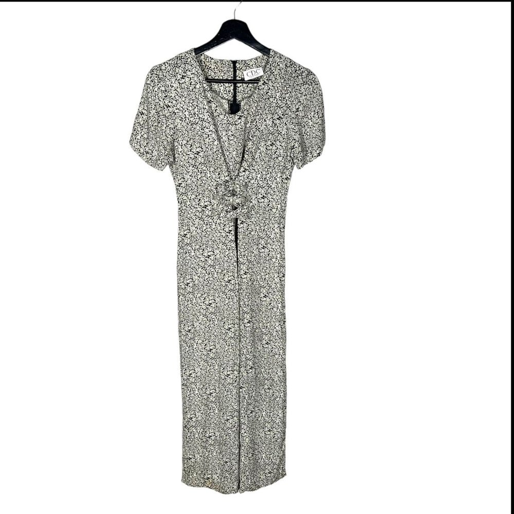 Vintage 90 Black White Micro Floral Short Sleeve Mid Tie Wide Leg Jumpsuit Small